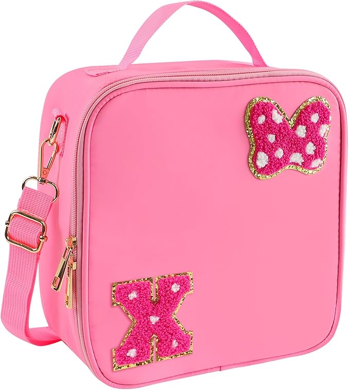 Preppy Initial Bow Mouse Lunch Bag, Kids Insulated Lunch Box Gifts for Teen Girls Daughter, Reusable Soft Lunch Containers Crossbody Cooler Bag Must Haves for Park Travel School Work Picnic Pink X