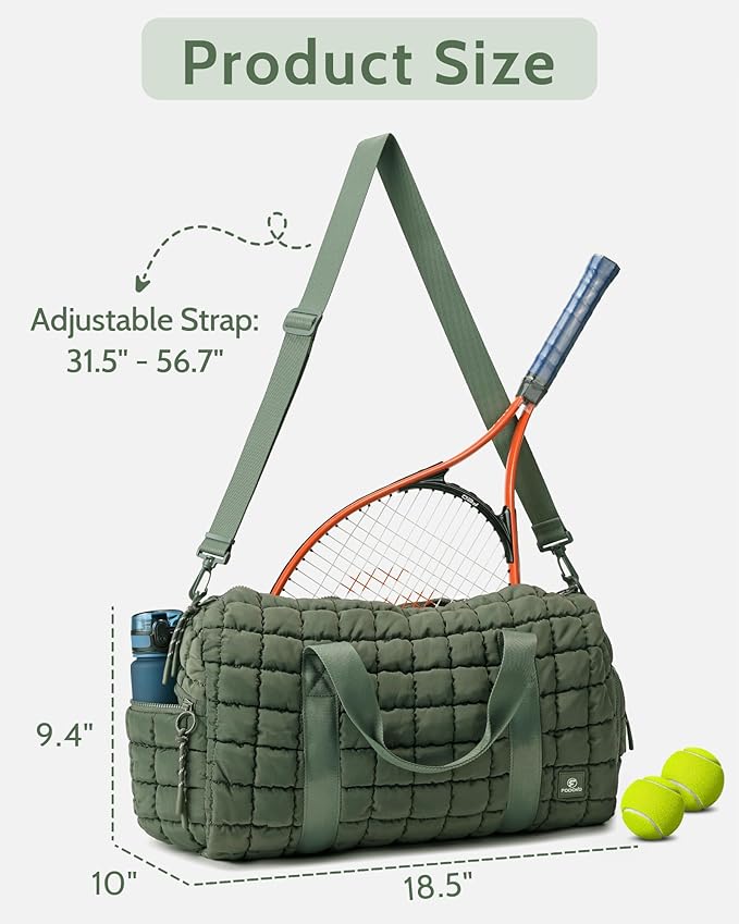 Quilted Duffel Bag for Women, Puffer Gym Duffle Bag with Shoe Compartment Lightweight Large Crossbody Sport Bag Travel Tote JasperGreen