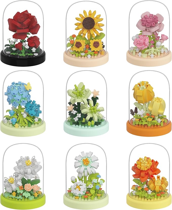 9 Set Secret Mini Flower Building Toy Bouquets with Dust Cover Set Creative Assembly Bonsai Tree Ideal for Home Decor Collection Toys