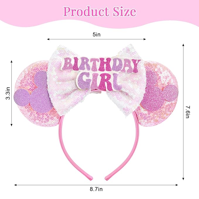 HAMUTH Mouse Ear Headband, Birthday Girl Headband for Women Girl Adult, Happy Birthday Ears for Party Trip Parks Cosplay Costume Accessories