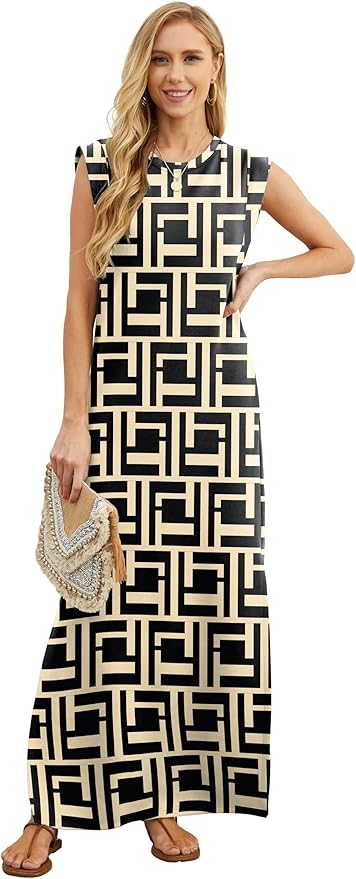 GRECERELLE 2026 Women Year-Round Casual Round Neck Loose Split Wrinkle-Free Long Maxi Vacation Dress with Pockets (XXS-4XL)