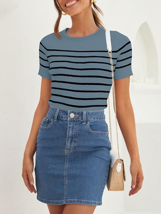 ZESICA Women's Short Sleeve Crewneck Striped T Shirt 2026 Summer Ribbed Knit Slim Fit Casual Basic Tee Tops