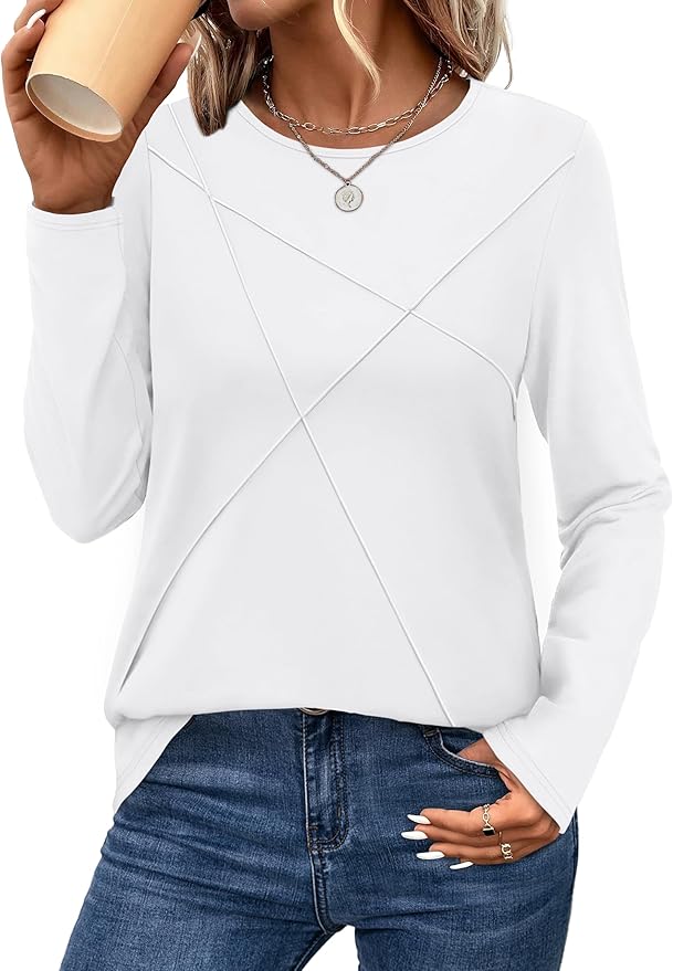 XIEERDUO Long Sleeve Shirts for Women Business Casual Tops Trendy Crewneck Fall T Shirts Pleated Loose Fit
