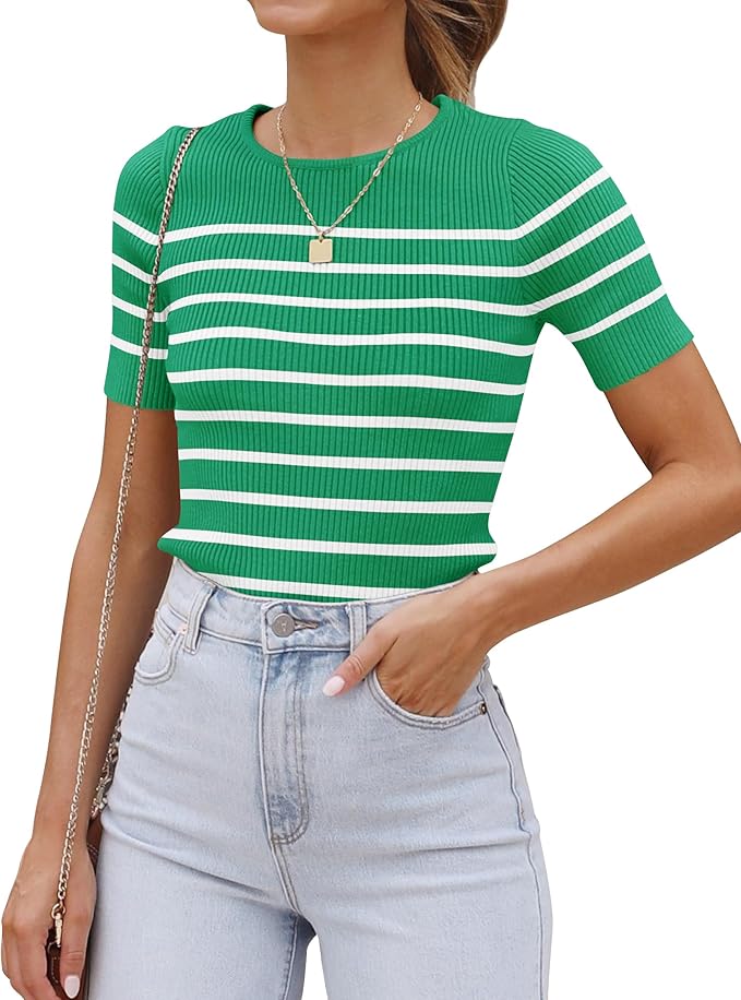 ZESICA Women's Short Sleeve Crewneck Striped T Shirt 2026 Summer Ribbed Knit Slim Fit Casual Basic Tee Tops