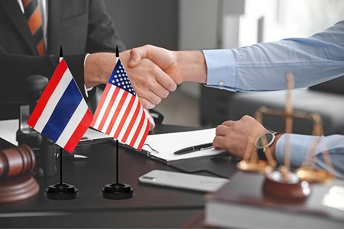 USA American & Thailand Thai Desk Flags, US Thailand Small Mini Table Office Flag, Miniature Thai and US Desktop Flag With 13" Solid Black Pole, Black Base