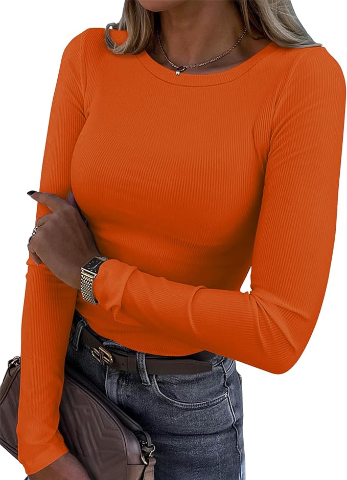 Roselux Womens Long Sleeve Stretch Crewneck Ribbed T-Shirt Fitted Casual Basic Tops