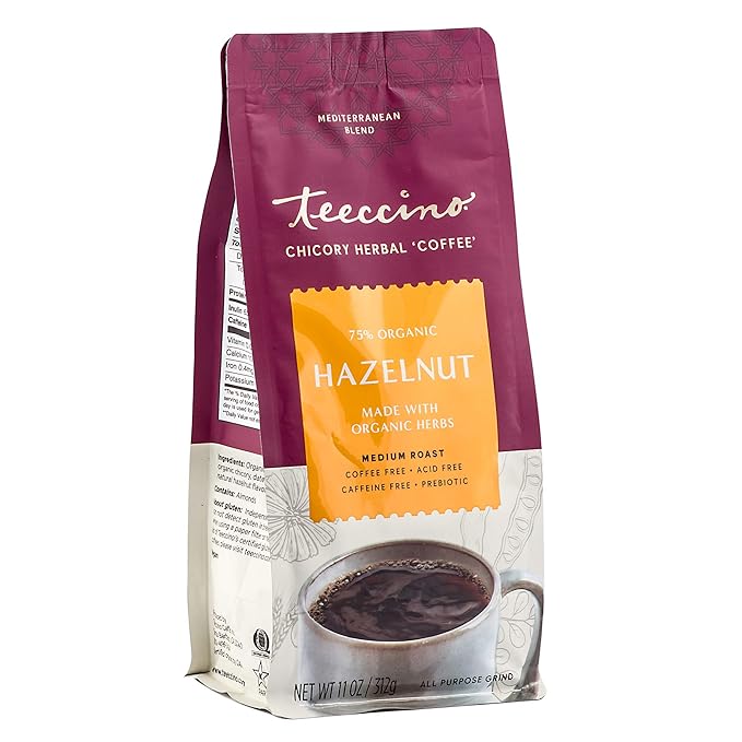 Teeccino Chicory Coffee Alternative - Hazelnut - 11 Ounce - Ground Herbal Coffee That’s Prebiotic, Caffeine Free & Acid Free, Medium Roast