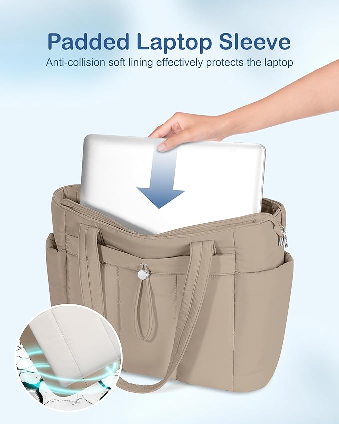 TOPDesign Puffy Tote Bag for Women with Cup Holder & Laptop Compartment & Cosmetic Bag & Trolley Sleeve for Work, Travel