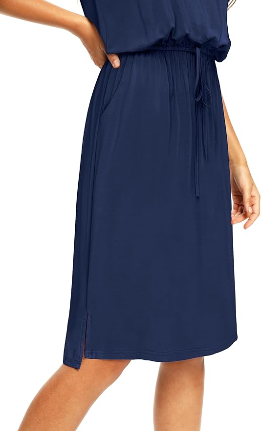 Simier Fariry Womens Spring Hide Belly Knee Length Travel Dress Pocket Summer Short Sleeve Midi Work Casual Outfits