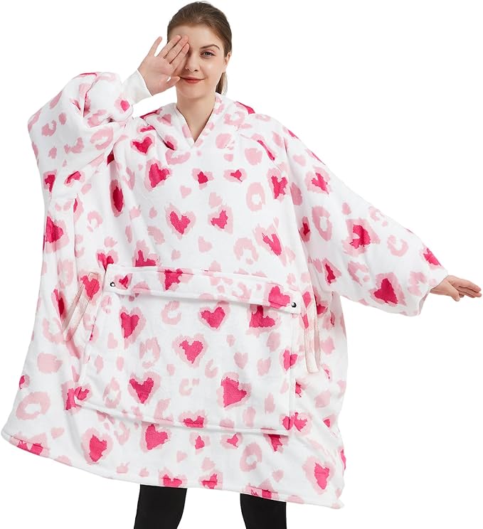 KFUBUO Wearable Blanket Hoodie for Adult Sherpa All Patterns Heart Oversized Hoodie Sweatshirt Blanket with Pockets Valentine Gifts for Her
