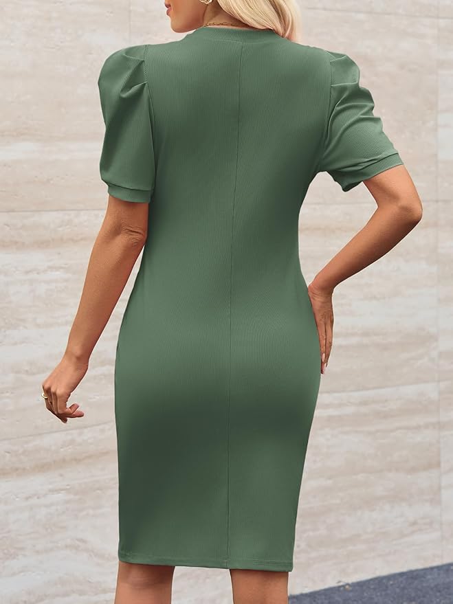 Cicy Bell Women's Puff Sleeve Bodycon Work Dresses Crew Neck Business Casual Office Pencil Dress