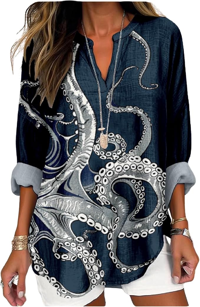 MARSVOVO V Neck Shirt For Women Boho Multi Style Blouse Long Sleeve Novelty Graphic Plus Size Pullover Tops For Women