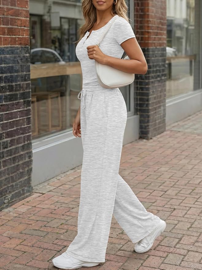 Trendy Queen Women's 2 Piece Matching Lounge Sets Summer Henley Neck Slightly Crop Top Wide Leg Pants Casual Sweat Suit