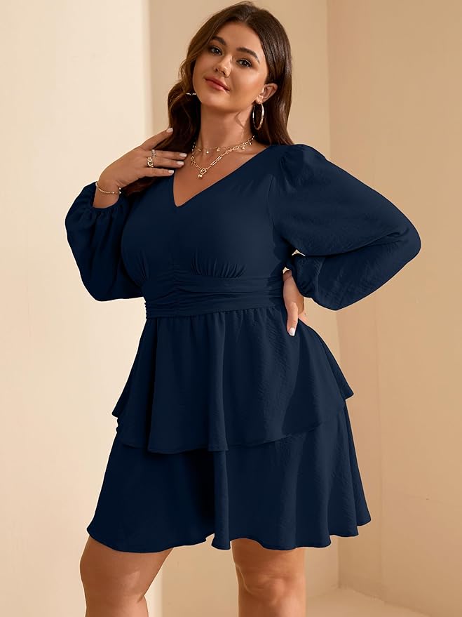 RWJ Plus Size Dresses for Curvy Women V Neck Long Sleeve Elastic Waist Fall Wedding Guest Layer Casual Mini Dress