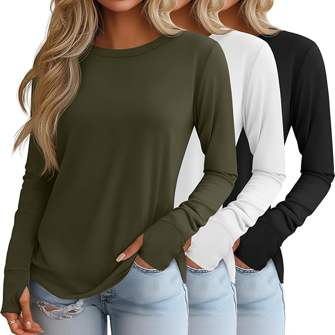 Huukeay 3 Pack Women's Long Sleeve Shirts with Thumb Holes, Cotton Casual Crew Neck Tunic Tops Fall Loose Y2k Trendy Outfits