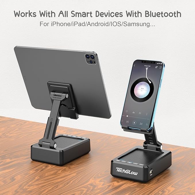 TechGlow Foldable Cellphone Stand with Bluetooth Speaker and Charging Function Birthday Gifts for Men Women Mother Father Boy Girl Teens Cool Tech Gadgets