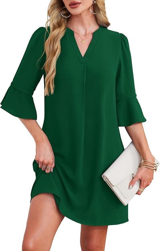 RUMIA Shift Dress for Women V Neck Ruffle Short Sleeve Loose Casual Summer Dress
