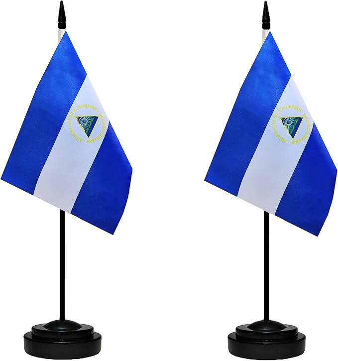Nicaragua Nicaraguan Deluxe Desk Flag Set Small Mini Miniature Nicaragua Nicaraguan Table Desktop Flags With Solid Pole, Black Base and Spear Top(2 Pack)