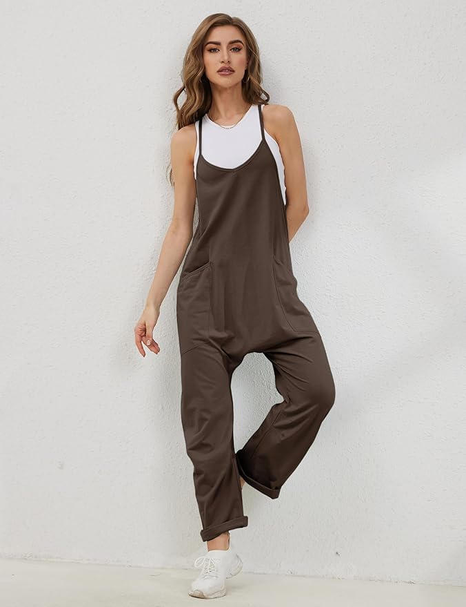 Lentta Women's Causal Jumpsuits V Neck Sleeveless Harem Overalls Stretchy Adjustable Strap Romper with Pockets