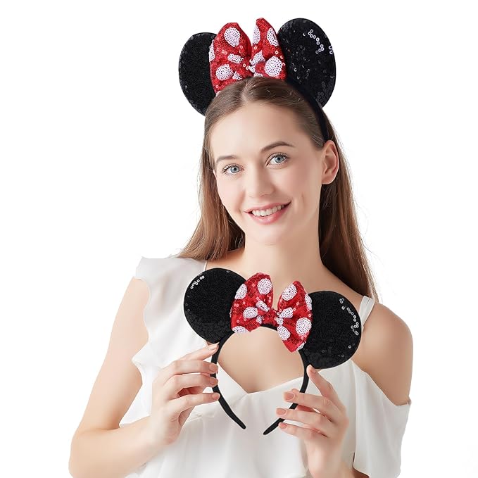 Twineek 2 Pcs Red Mouse Ears Sequin Headbands,Shiny Bows Headbands, A Perfect Addition to Your Trip Essentials Accessories for Women Grils Princess Decoration Costume Cosplay