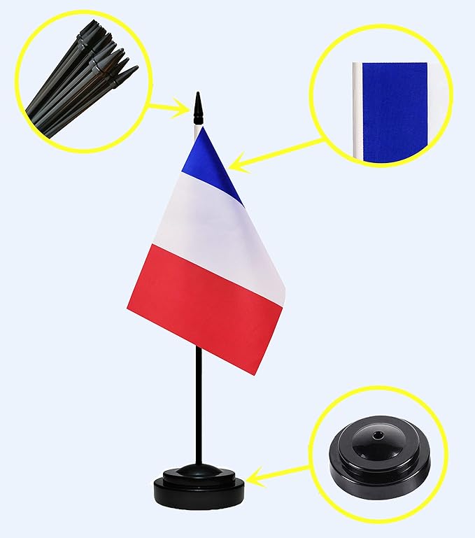 USA American & France French Desk Flags, US France Office Table Flag, Small Mini Miniature French and US Desktop Flag With 13" Solid Black Pole, Black Base