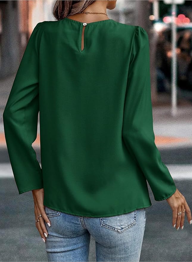 Samefar Womens Tops Dressy Casual Pleated Crew Neck Long Sleeve Shirts Office Work Chiffon Blouses