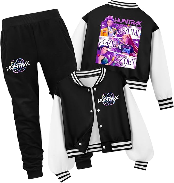 K PopGirls Kpop Tracksuit Cute Cartoon Print Baseball Coats Fashion Long Sleeve Jackets and Pants Christmas Costume Set
