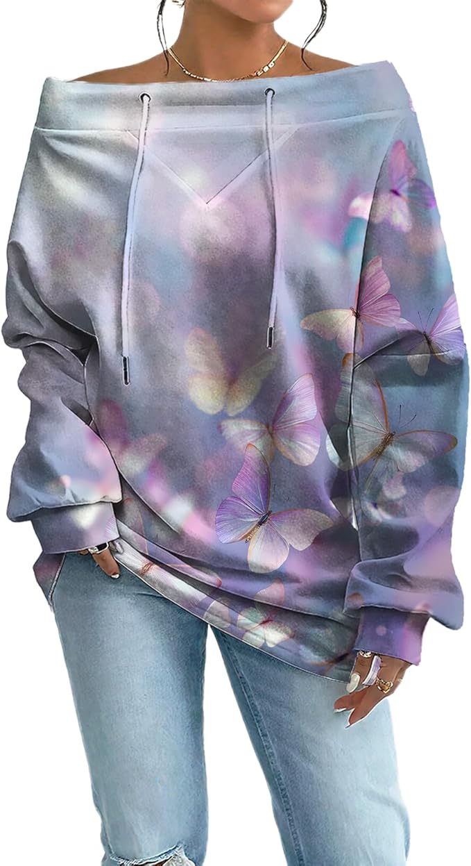 Womens Sweatshirts Floral Print Sexy Off The Shoulder T Shirts Oversized Long Sleeve Pullover Fall Tops