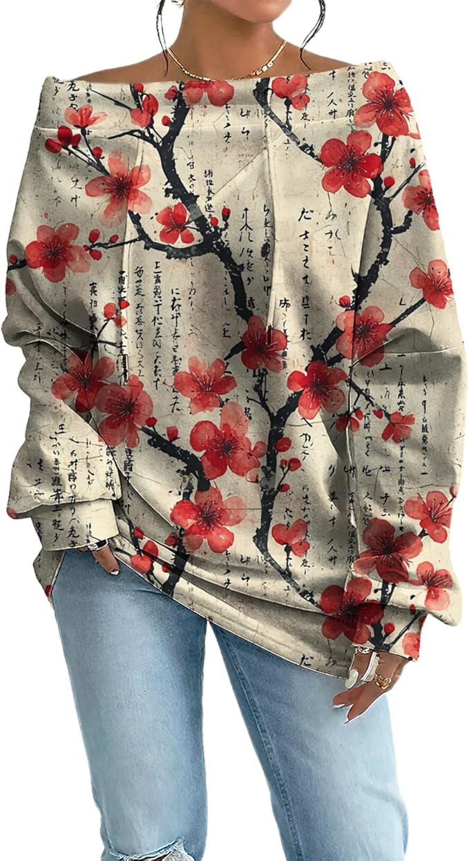 Womens Sweatshirts Floral Print Sexy Off The Shoulder T Shirts Oversized Long Sleeve Pullover Fall Tops