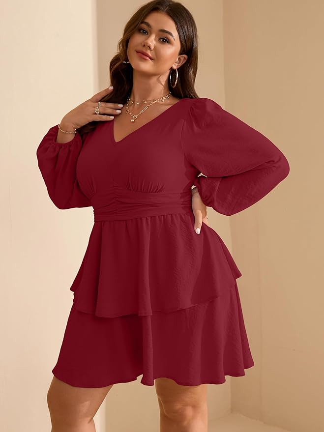 RWJ Plus Size Dresses for Curvy Women V Neck Long Sleeve Elastic Waist Fall Wedding Guest Layer Casual Mini Dress