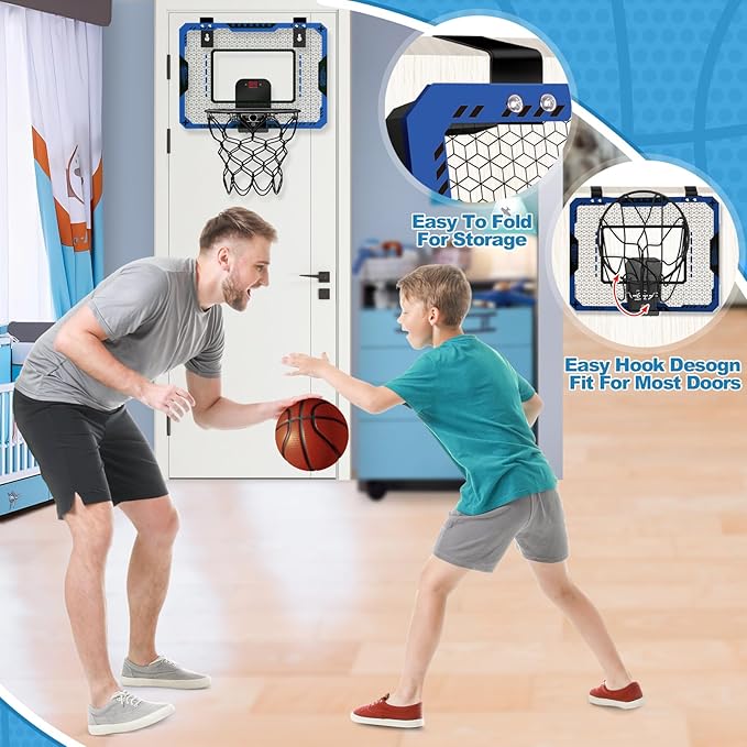 OCHIDO Indoor Basketball Hoop for Kids Age 5-10, with Electronic Scoreboard & 3 Balls - Over The Door Mini Hoop for Boys' Birthday