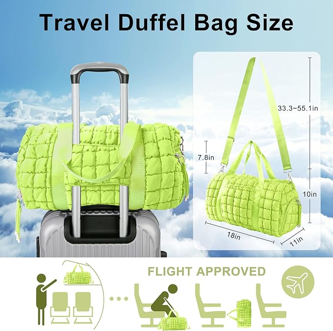 Quilted Travel Duffle Bag Gym Bag for Women,Large Puffer Duffle Weekender Bag with Compartment,Workout Overnight Carry on Organizer Bag Duffle Bag for Airplane Travel(Green)