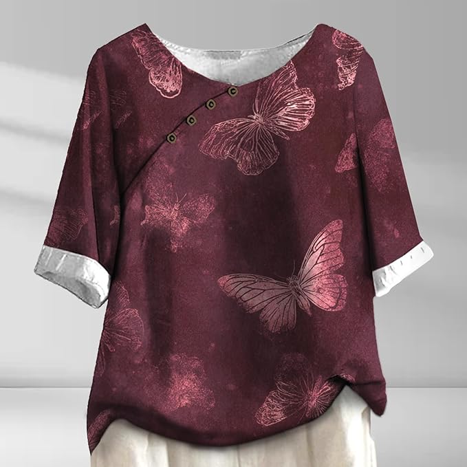 Women's Shirts Dressy Casual Asymmetric Side Button Down Design Tops Summer Loose Fit Crewneck Graphic Tees