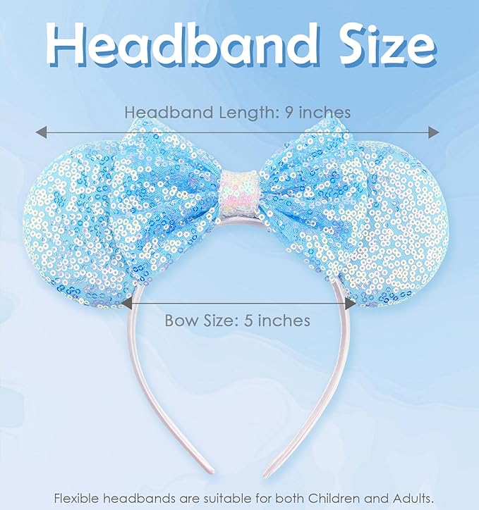 LIHELEI Mouse Ears Headband for Princess, Blue Cinderella Elsa Headbands for Women Halloween Costume, Sequin Bows Headwear Hair Accessories - Light Blue