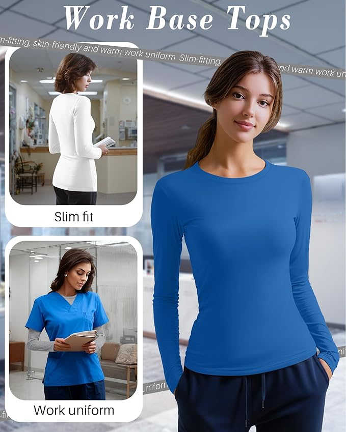 4 Pack Women's Underscrub Shirts Nurse Undershirts Long Sleeve Crewneck Slim Fit Tops Soft Stretchy Basic Tee