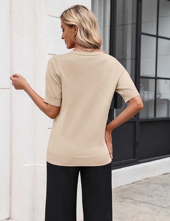 Zeagoo Women's Short Sleeve Sweater 2026 Spring Summer Tops Lightweight Casual V Neck Sweaters Dressy Work Blouses Clothes