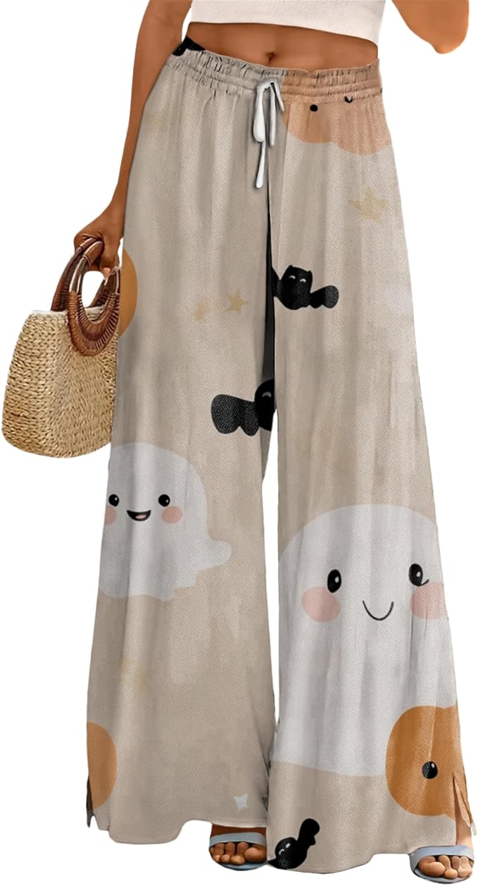 domirica Halloween Pants Women Drawstring Elastic Waist Wide Leg Pants Ladies Pumpkin Ghost Pajama Vintage Street Wear