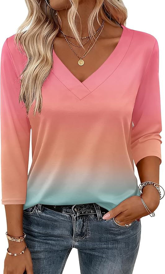 Zeagoo 3/4 Length Sleeve Womens Tops V Neck Shirt Dressy Casual Blouse Basic Tshirts 2026 Fashion Clothing S-2XL