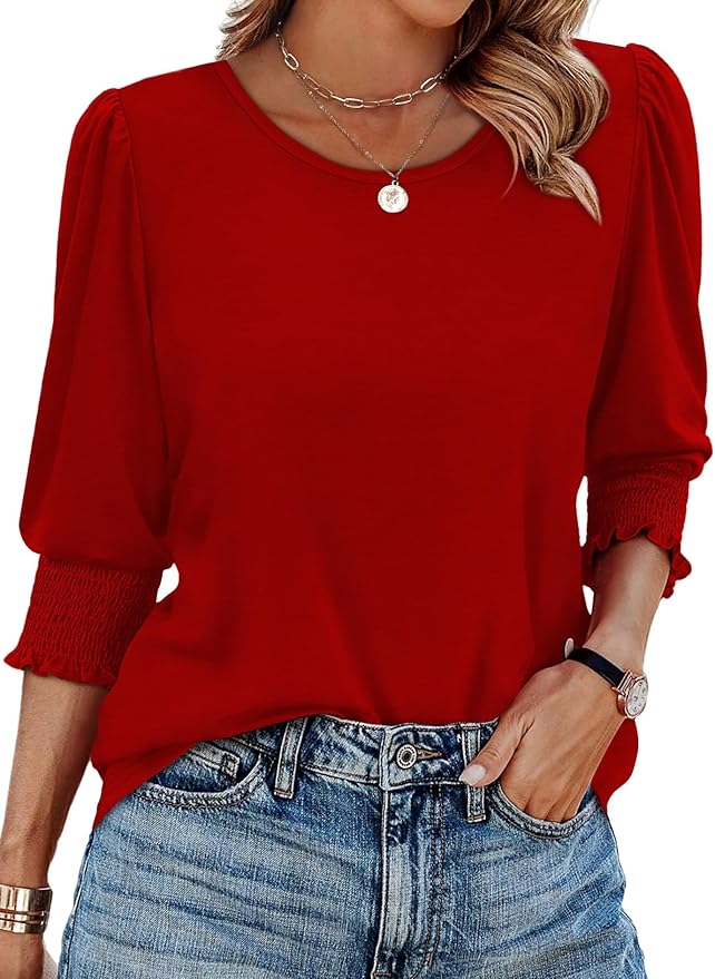 XIEERDUO Blouses for Women Dressy Casual 3/4 Length Sleeve Womens Tops with Smocked Cuffs