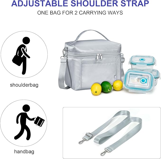 NOL Natural Organic Lifestyle Insulated Lunch Bags for Women Cooler Bag Lightweight Nylon Waterproof Lunch Box For Work (Silver, Medium(normal))