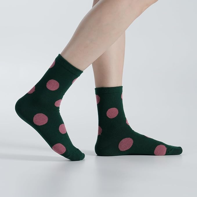 Kikiya Women's Cotton Crew Socks - Cute Flower Graphic Polka Dot Striped Heart Patterned - Ladies Girls Casual Socks Size 6-8