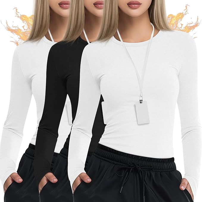 3 Pack Women's Underscrub Shirts Long Sleeve Thermal Scrub Undershirts Nurse Crew Neck Slim Fit Fleece Top Basic Tee