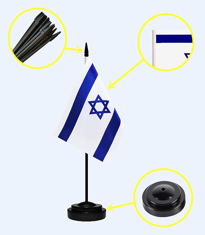 Israel Israeli Deluxe Desk Flag Set Small Mini Miniature Israel Israeli Table Desktop Flags With Solid Pole, Black Base and Spear Top(2 Pack)