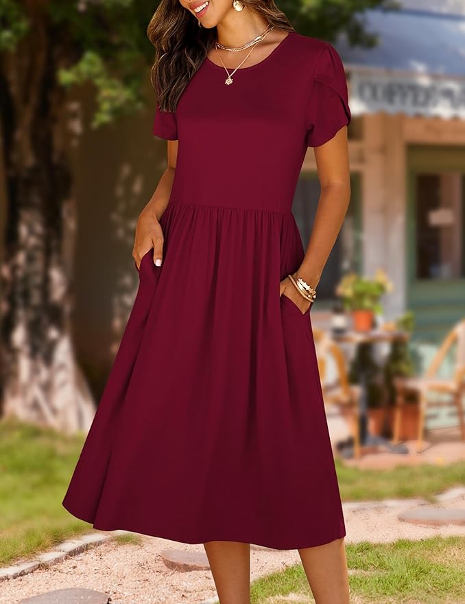 HOTOUCH Women's Summer A-Line Midi Dresses 2026 Casual Floral Short Sleeve T-Shirt Dress Flowy Beach Sundress with Pockets