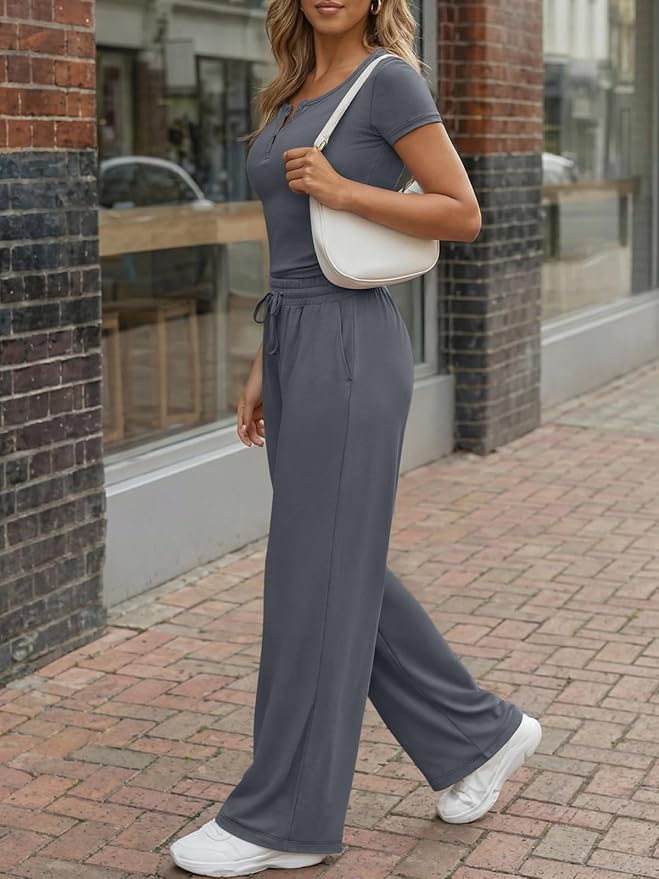Trendy Queen Women's 2 Piece Matching Lounge Sets Summer Henley Neck Slightly Crop Top Wide Leg Pants Casual Sweat Suit