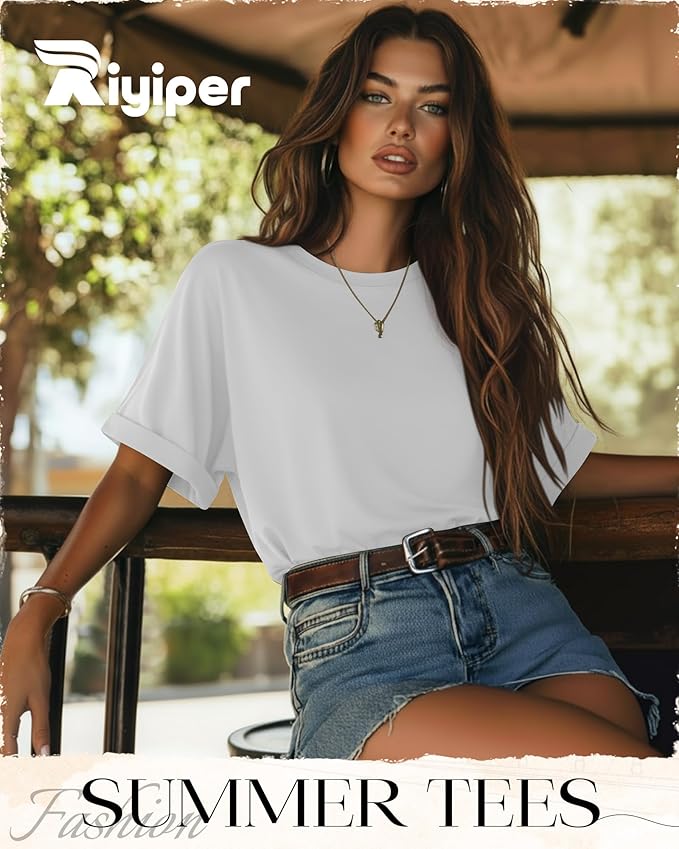 Riyiper 3 Pack Women's Oversized T-Shirt Half Sleeve Summer Tees Casual Loose Fit Crew Neck Basic Tops