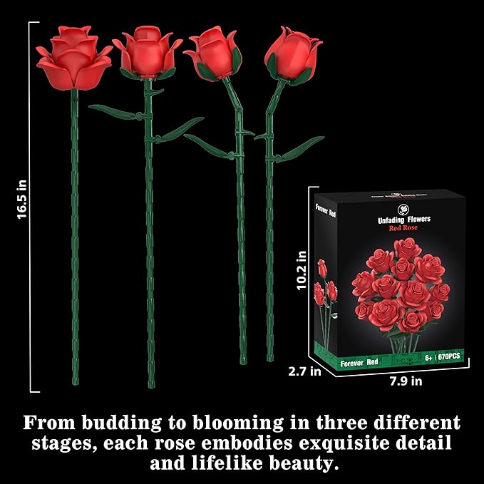 Red Roses Flower Bouquet Building Sets, 670Pcs Artificial Flowers Building Blocks Compatible with Lego Flowers Valentines Day Gifts for Her/Mom/Girlfriend/Wife/Couple Romantic Table Home Decor