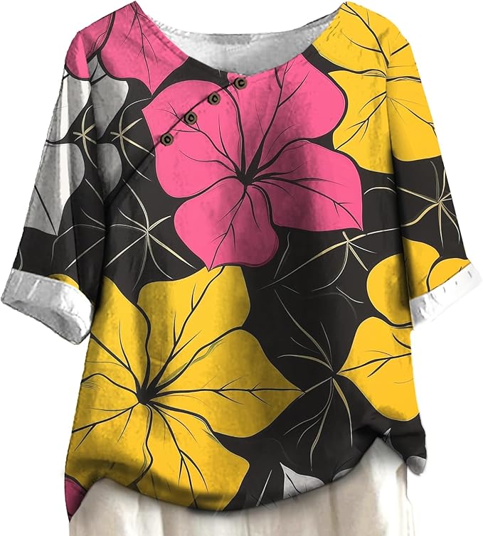 Women's Shirts Dressy Casual Asymmetric Side Button Down Design Tops Summer Loose Fit Crewneck Graphic Tees