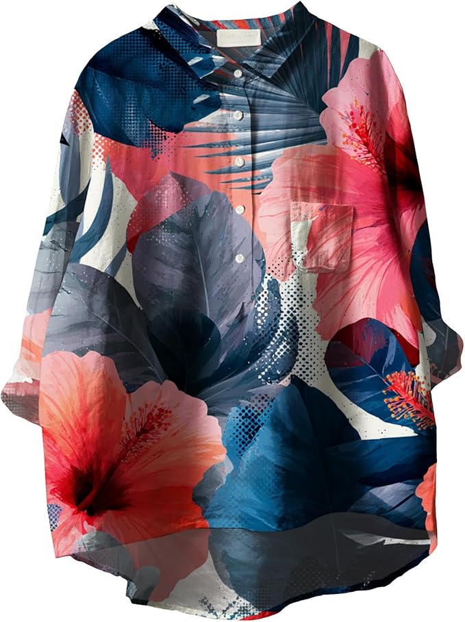 Womens Boho Tops 3/4 Long Sleeve Floral Blouses Hawaii Beach Button Down Shirts V Neck Pullover Casual Tunics