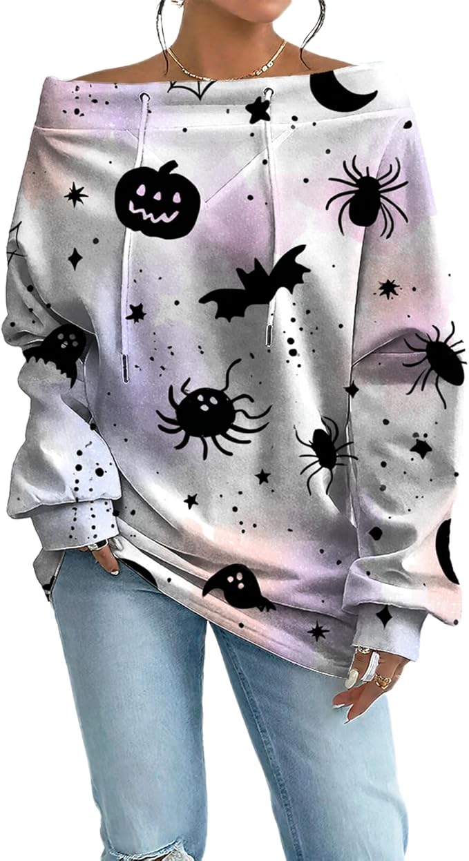 Womens Sweatshirts Floral Print Sexy Off The Shoulder T Shirts Oversized Long Sleeve Pullover Fall Tops